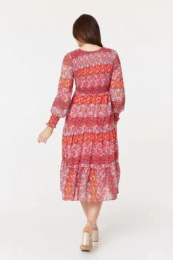 Floral Long Puff Sleeve Smock Dress -Hallmark Style D169269 MULTI RED 7