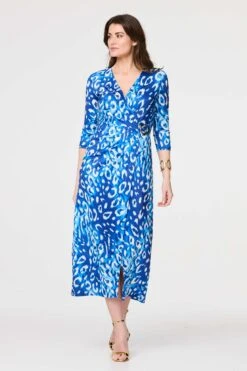 Animal Print 3/4 Sleeve Midi Wrap Dress -Hallmark Style D169346 BLUE 1