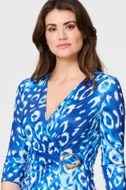Animal Print 3/4 Sleeve Midi Wrap Dress -Hallmark Style D169346 BLUE 5