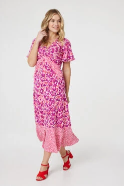 Printed Knot Front Midi Tea Dress -Hallmark Style D169412 MULTI PINK 1