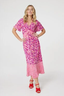 Printed Knot Front Midi Tea Dress -Hallmark Style D169412 MULTI PINK 2