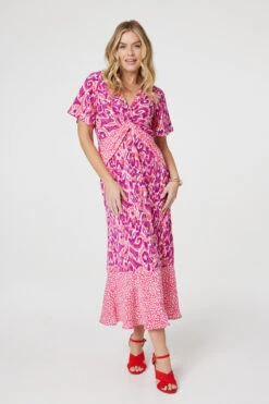 Printed Knot Front Midi Tea Dress -Hallmark Style D169412 MULTI PINK 3