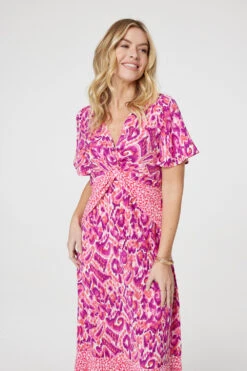 Printed Knot Front Midi Tea Dress -Hallmark Style D169412 MULTI PINK 4