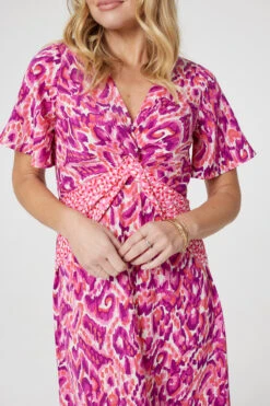 Printed Knot Front Midi Tea Dress -Hallmark Style D169412 MULTI PINK 6