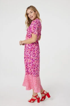 Printed Knot Front Midi Tea Dress -Hallmark Style D169412 MULTI PINK 9