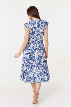Printed Tie Waist Midi Wrap Dress -Hallmark Style D169413 BLUE 6