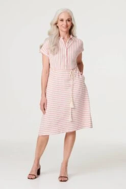 Striped Tie Waist Knee Length Dress -Hallmark Style D169646 PINK 2