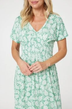 Paisley Shirred Detail Midi Dress -Hallmark Style D169658 GREEN 3