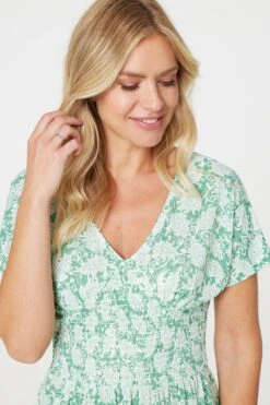 Paisley Shirred Detail Midi Dress -Hallmark Style D169658 GREEN 4