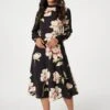 Floral Long Sleeved Midi Tea Dress -Hallmark Style D169664 MULTI BLACK 1