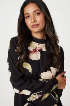 Floral Long Sleeved Midi Tea Dress -Hallmark Style D169664 MULTI BLACK 5