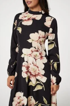 Floral Long Sleeved Midi Tea Dress -Hallmark Style D169664 MULTI BLACK 6