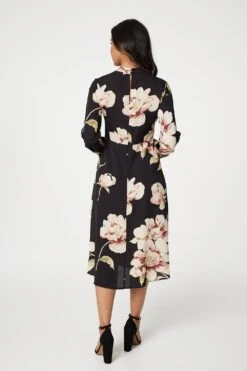 Floral Long Sleeved Midi Tea Dress -Hallmark Style D169664 MULTI BLACK 7