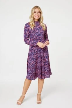 Leopard Print High Neck Tea Dress 17 Leopard Print High Neck Tea Dress -Hallmark Style D169785 BLUE 1