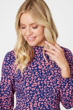 Leopard Print High Neck Tea Dress 19 Leopard Print High Neck Tea Dress -Hallmark Style D169785 BLUE 2