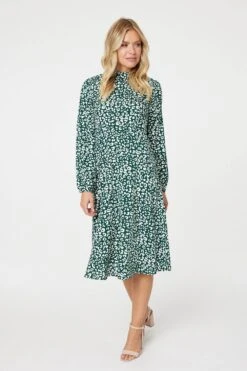 Leopard Print High Neck Tea Dress 23 Leopard Print High Neck Tea Dress -Hallmark Style D169785 GREEN 2