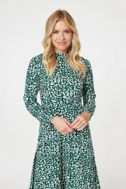 Leopard Print High Neck Tea Dress 24 Leopard Print High Neck Tea Dress -Hallmark Style D169785 GREEN 3