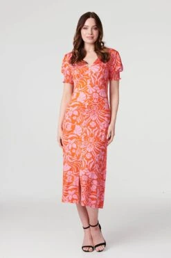 Floral Tie Back Midi Tea Dress -Hallmark Style D169898 MULTI ORANGE 1