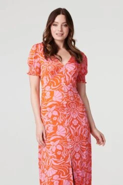 Floral Tie Back Midi Tea Dress -Hallmark Style D169898 MULTI ORANGE 3