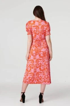 Floral Tie Back Midi Tea Dress -Hallmark Style D169898 MULTI ORANGE 5