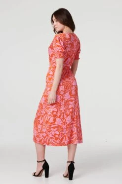 Floral Tie Back Midi Tea Dress -Hallmark Style D169898 MULTI ORANGE 6