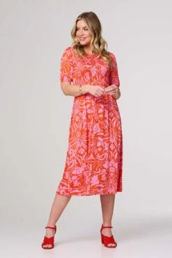 Floral Smocked Detail Midi Dress -Hallmark Style D169899 ORANGE 2