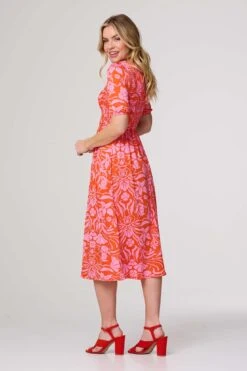 Floral Smocked Detail Midi Dress -Hallmark Style D169899 ORANGE 6