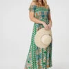 Printed Bardot Smocked Maxi Dress -Hallmark Style D169901 MULTI GREEN 1