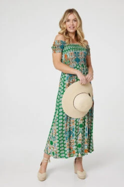 Hallmark Style 19 Printed Bardot Smocked Maxi Dress