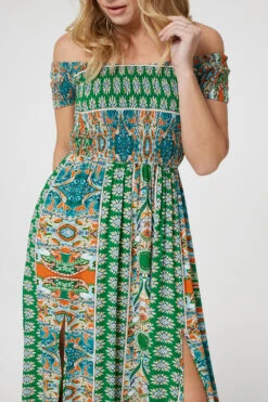 Printed Bardot Smocked Maxi Dress -Hallmark Style D169901 MULTI GREEN 4