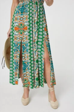 Printed Bardot Smocked Maxi Dress -Hallmark Style D169901 MULTI GREEN 5