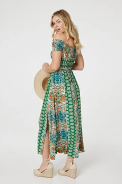 Printed Bardot Smocked Maxi Dress -Hallmark Style D169901 MULTI GREEN 6
