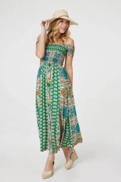 Printed Bardot Smocked Maxi Dress -Hallmark Style D169901 MULTI GREEN ALT