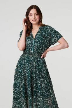 Printed Zip Front Hanky Hem Dress -Hallmark Style D169902 MULTI GREEN 4