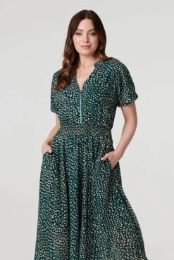 Printed Zip Front Hanky Hem Dress -Hallmark Style D169902 MULTI GREEN 5