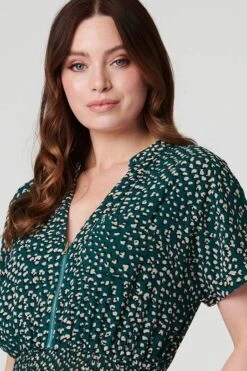 Printed Zip Front Hanky Hem Dress -Hallmark Style D169902 MULTI GREEN 6