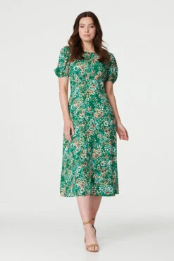 Floral Puff Sleeve Ruched Midi Dress -Hallmark Style D169903 GREEN 1
