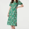 Floral Puff Sleeve Ruched Midi Dress -Hallmark Style D169903 GREEN 2