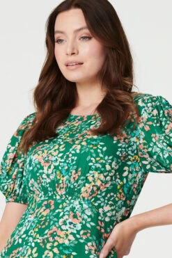 Floral Puff Sleeve Ruched Midi Dress -Hallmark Style D169903 GREEN 4