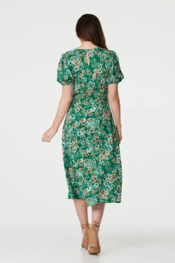 Floral Puff Sleeve Ruched Midi Dress -Hallmark Style D169903 GREEN 5