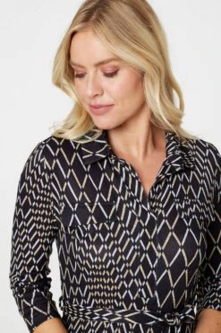 Printed 3/4 Sleeved Tunic Dress -Hallmark Style D169904 MULTI BLACK 3