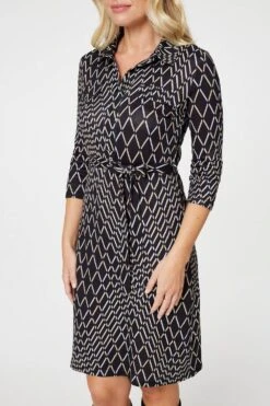 Printed 3/4 Sleeved Tunic Dress -Hallmark Style D169904 MULTI BLACK 4