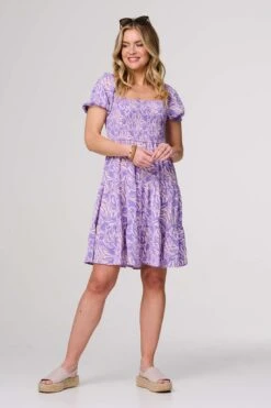 Printed Short Bardot Smock Dress -Hallmark Style D169912 PURPLE 1