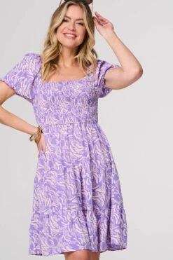 Printed Short Bardot Smock Dress -Hallmark Style D169912 PURPLE 3
