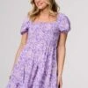 Printed Short Bardot Smock Dress -Hallmark Style D169912 PURPLE 4