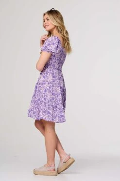 Printed Short Bardot Smock Dress -Hallmark Style D169912 PURPLE 6