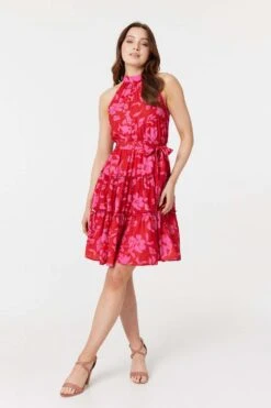 Floral Halter Neck Short Tiered Dress -Hallmark Style D169970 PINK 2