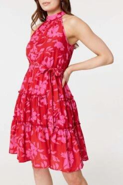 Floral Halter Neck Short Tiered Dress -Hallmark Style D169970 PINK 5