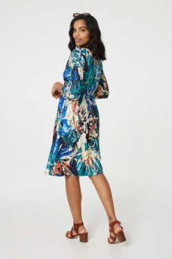 Leaf Print Knee Length Wrap Dress -Hallmark Style D169990 MULTI GREEN 2