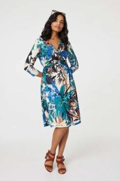 Leaf Print Knee Length Wrap Dress -Hallmark Style D169990 MULTI GREEN 3